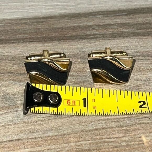 Vintage Retro Inlay Cufflinks Signed Men’s Gold Tone  Black Old Money Heritage - Picture 4 of 8